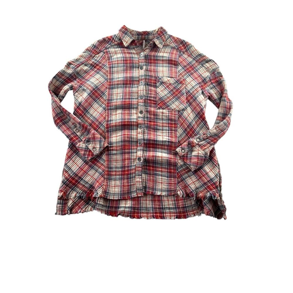 Free People Juniper Ridge Button Up Womens Small Plaid Flannel Distressed Boho